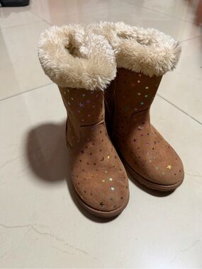 Kids Brown Faux-Fur Lined Star Sparkle Boots